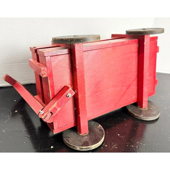 Antique Wooden Wagon Childrens Pull Toy, RED WAGON About 14"x11" Baby Decor - Picture 4 of 10